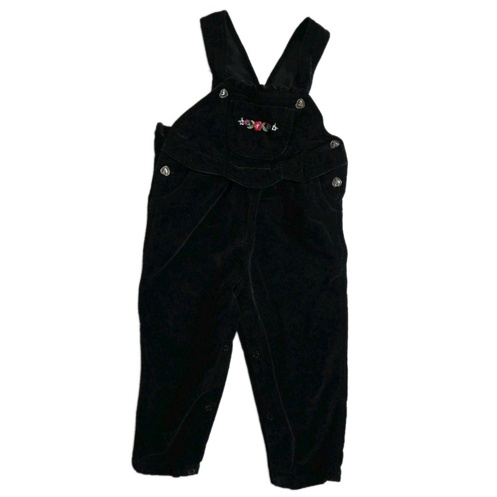 Vintage Girls Black Velvet Overalls 24M Floral Embroidered Corduroy